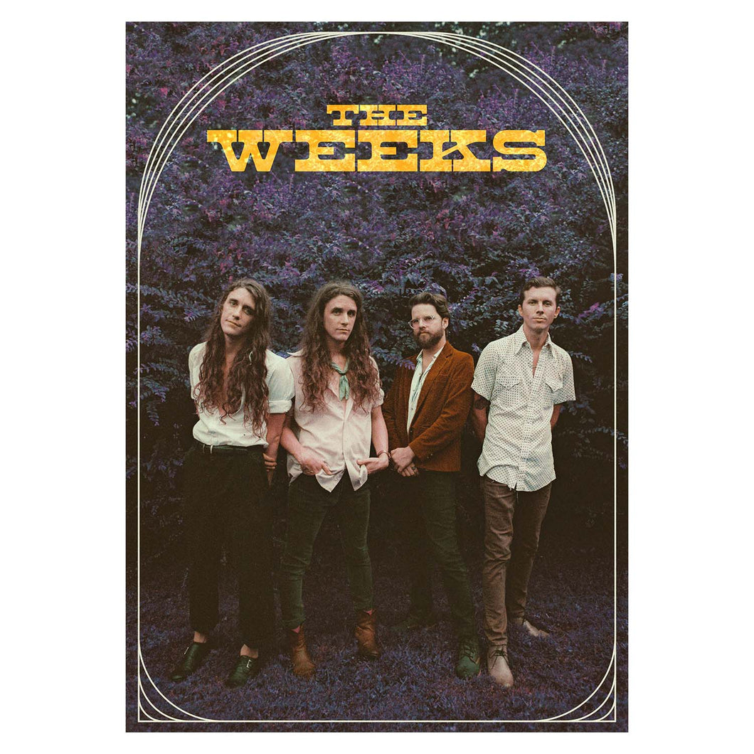 Four men stand before dark purple foliage with The Weeks in bold yellow letters above them, framed by a white border. This limited edition The Weeks artwork is perfect for display as an A3 poster.