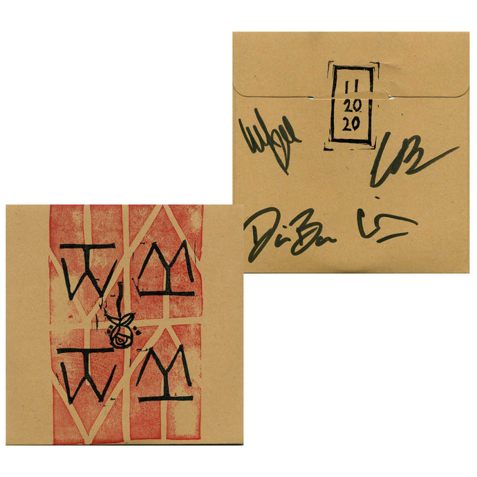 Image of the front and back of a CD case against a white background. The CD case is a brown cardboard color, with a red stamp on the front with what looks like handpainted symbols of a T and W in different rotations (one is up right and the other is flipped upside down). This logo is on the cover 4 times, and has a small painting of a rose in black in the center. The back of the album in sharpie has 4 signatures and says 11 20 20 on it.