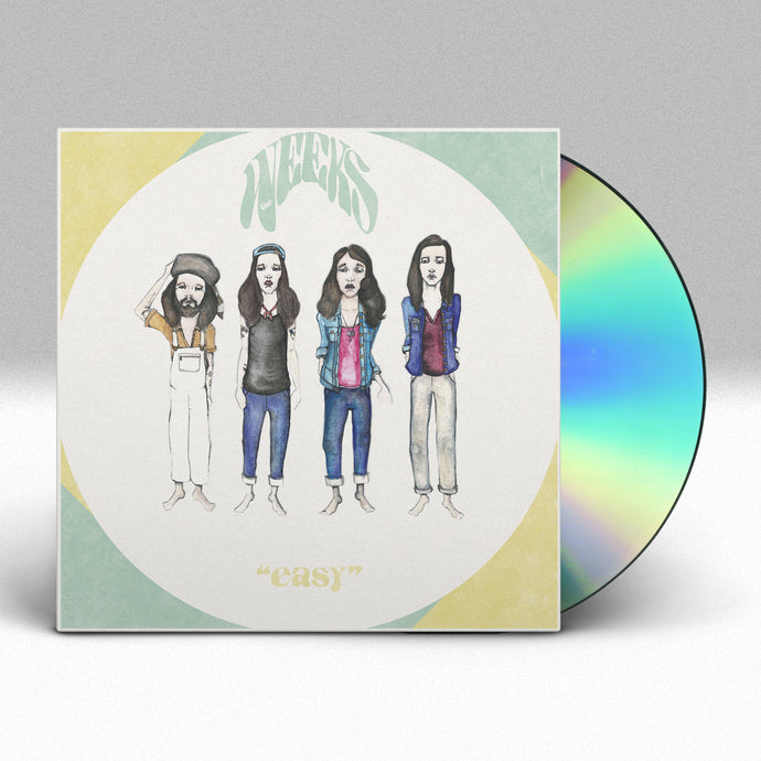 Image of a cd sleeve with a cd sticking out of the sleeve halfway against a grey to white gradient background. The cd sleeve is has a large white circle, and the corners where the circle is not covering are yellow and teal. The center of the white circle has drawings of the 4 members of the weeks. Above their heads in teal text it says weeks. below them in yellow text it says 