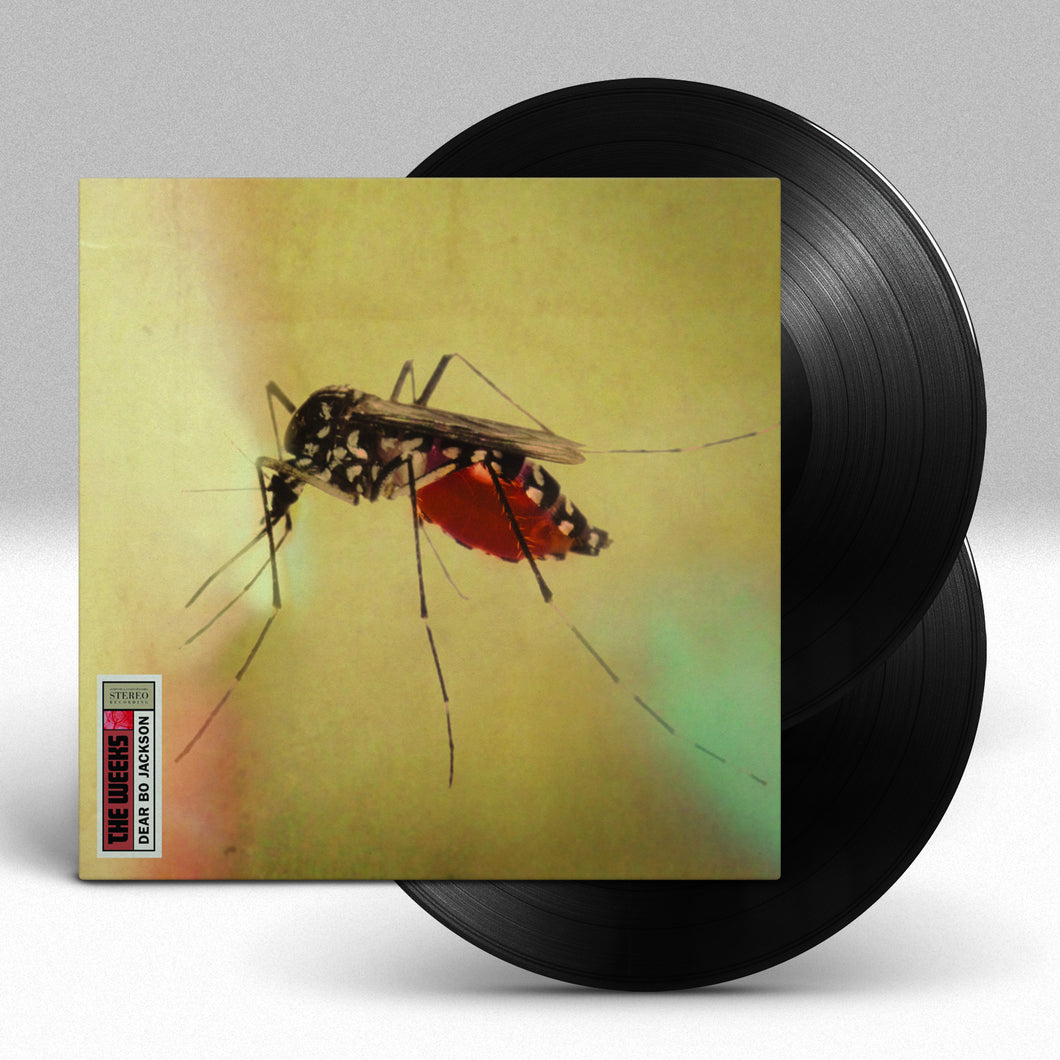 Image of two black vinyl behind a vinyl sleeve against a grey to white gradient background. The vinyl sleeve features an up-close image of a mosquito. The bottom left corner says The weeks, dear bo jackson and the words are facing sideways so you would have to tilt your head to read it. 