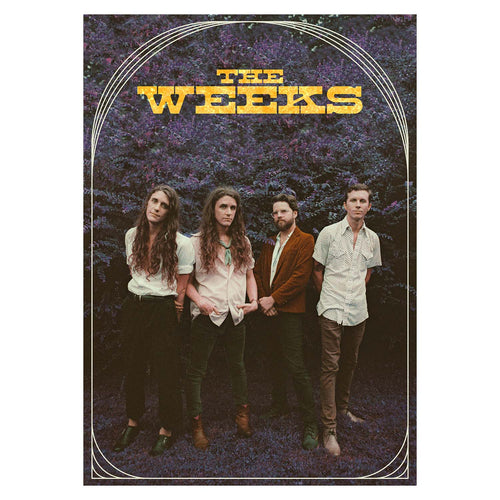 Image of a poster against a white background. The poster is a head to toe photograph of the 4 members of the weeks standing in the grass, with trees behind them. Above their heads in yellow writing are the words the weeks. A white lined arch is drawn above their head and makes a border around the poster.