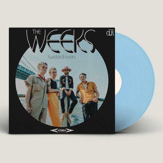 Image of a vinyl sleeve with a baby blue vinyl sticking halfway out of the sleeve against a white background. The vinyl sleeve has a blue circle in the center, the rest of the sleeve where the circle isn't is black. Inside the blue circle is an image of the 4 members of the weeks, standing near a bridge with water. One member sits on a pole alongside the water. Above their heads in white text with a black outline it says The weeks. Below that in thin black text it says twisted rivers.