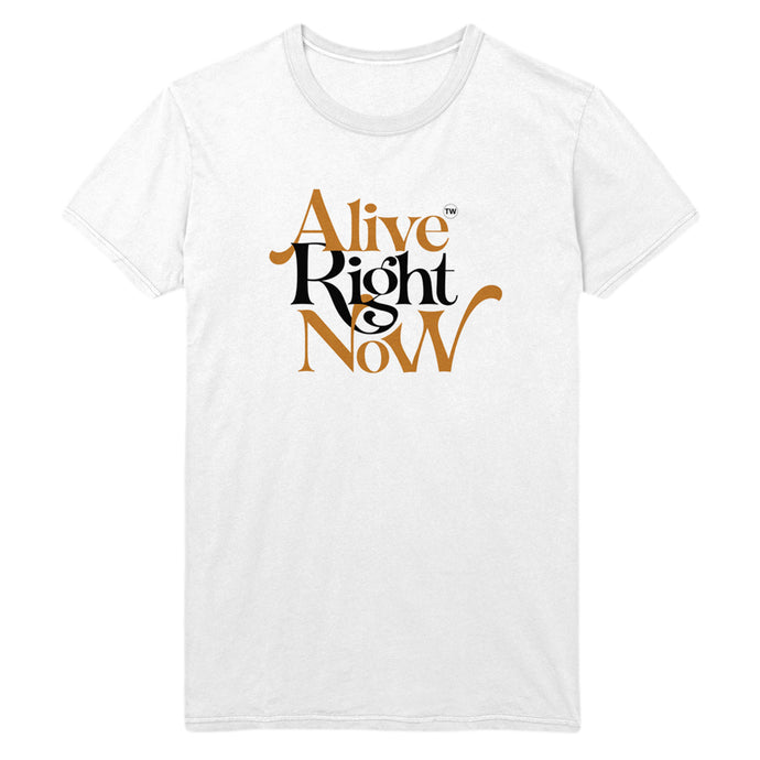 Image of a white tshirt against a white background. The front of the tshirt says Alive right now in tan and black color. The words alive and now are in tan, and the word right is in black. Above the letter e is a small circle with the letters TW in black inside of the circle.