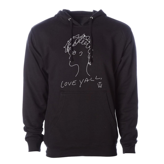 Image of a black hooded sweatshirt against a white background. The center of the hoodie features a doodle of a person's head and neck. They have curly hair. Below that in handwriting it says Love yall, TW. this is all the color white. The letters t and w are just under the comma in the words love yall, and the t is above the w. 