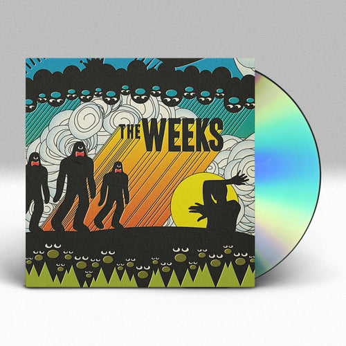 Image of a cd sticking out of a cd sleeve against a grey to white gradient background. Little black ovals with eyes and blue mouths cover the top of the album, with 3 monsters below them walking towards a black silhouette of a person with their arms up in fear. The person stands near a yellow sun. In black text on the right of the cover it says the weeks. The bottom has green pointy mountains, in between the mountains and the people above is darkness and eyes with mouths open looking up at the people above.