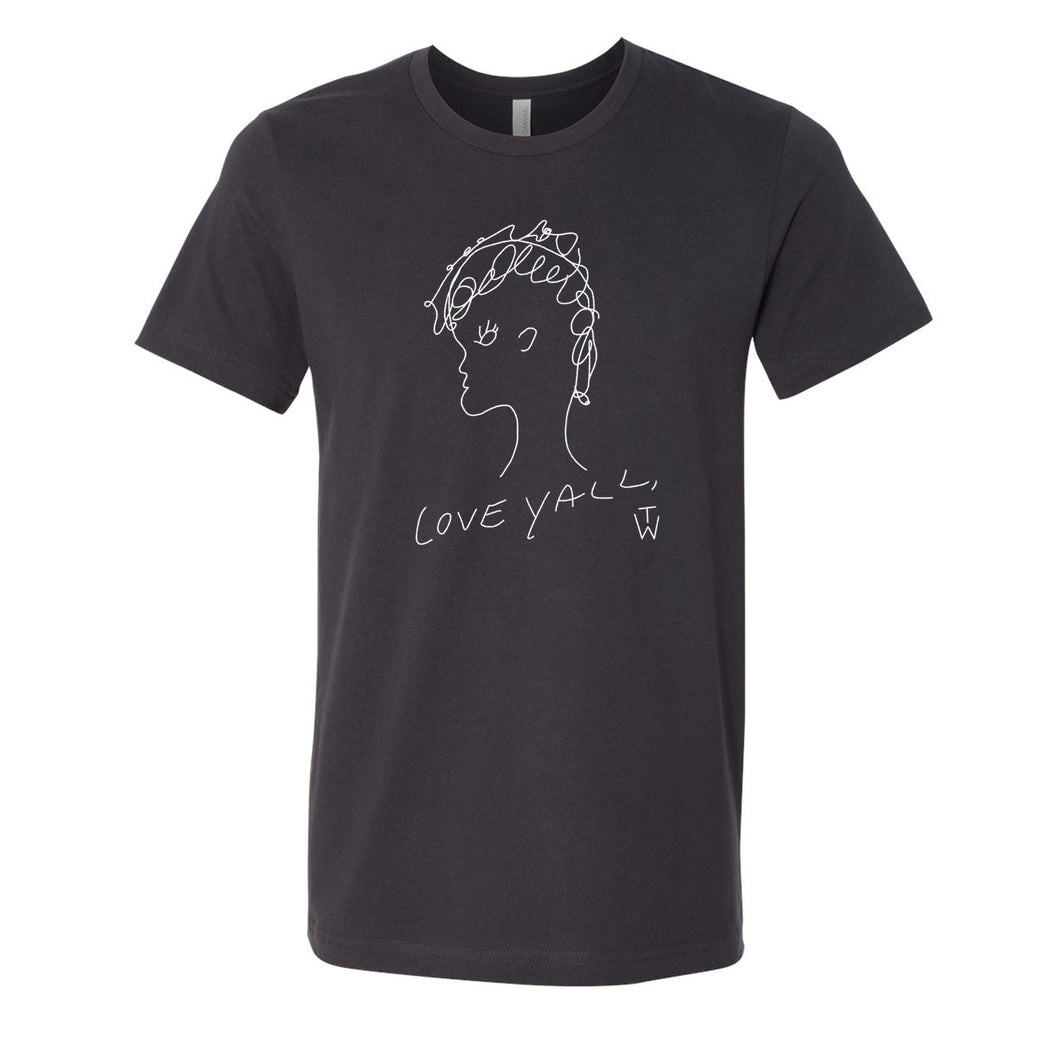 Image of a grey tshirt against a white background. The tshirt features a doodle of a person's head and neck. They have curly hair. Below that in handwriting it says Love yall, TW. this is all the color white. The letters t and w are just under the comma in the words love yall, and the t is above the w.