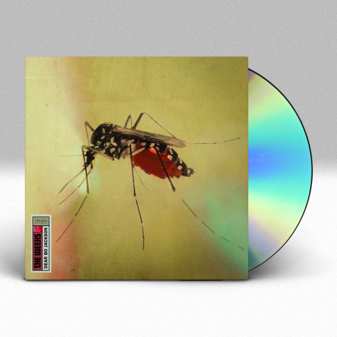 Image of a cd sticking out of a cd sleeve against a grey to white gradient background. The cd sleeve features an up-close image of a mosquito. The bottom left corner says The weeks, dear bo jackson and the words are facing sideways so you would have to tilt your head to read it.