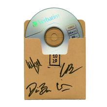 Load image into Gallery viewer, Image of a cardboard brown colored cd case with a silver cd sticking out of the top of it. 4 sharpie signatures from the band are featured on this case, and the numbers 20 20 are written on it.
