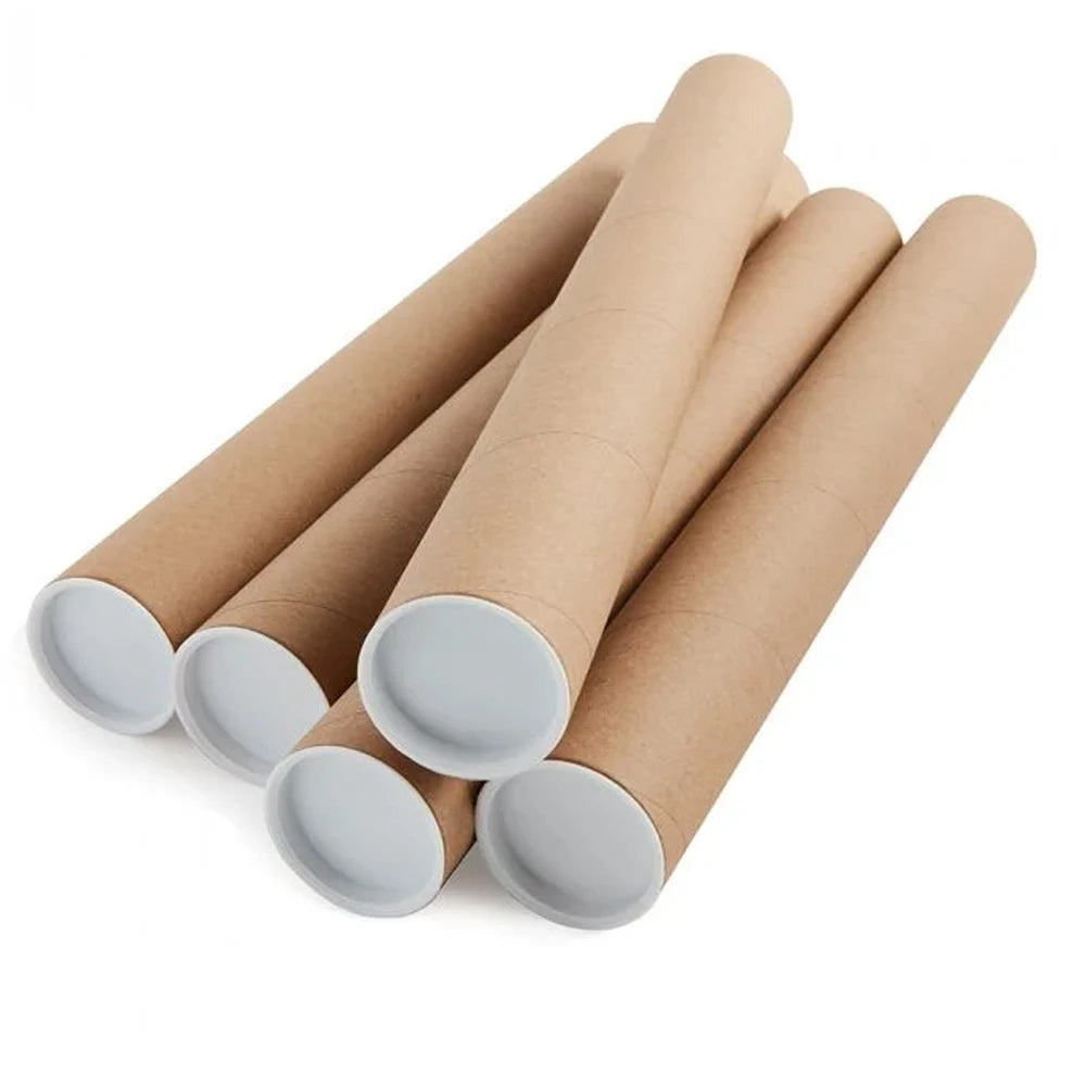 Photo of 5 cylindrical poster tubes on a white background. The poster tubes show white stoppers and cardboard tubes.